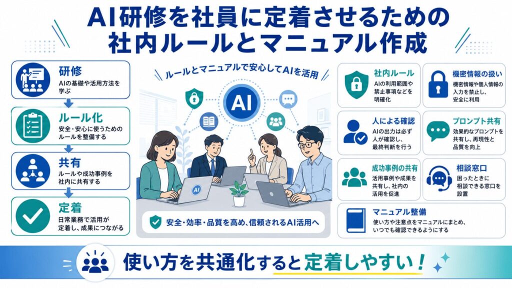 AI研修を社員に定着させるための社内ルールとマニュアル作成