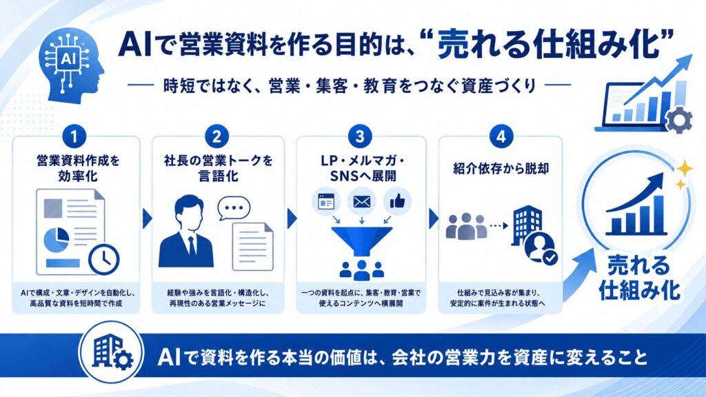 まとめ|AIで営業資料を作る目的は、資料作成の時短ではなく“売れる仕組み化”