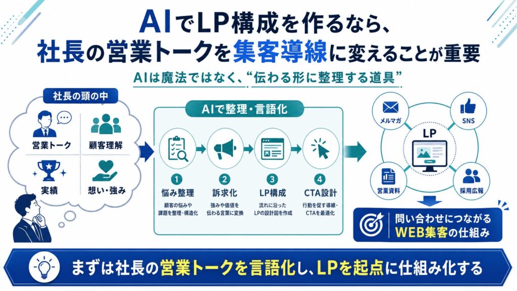 まとめ｜AIでLP構成を作るなら、社長の営業トークを集客導線に変えることが重要