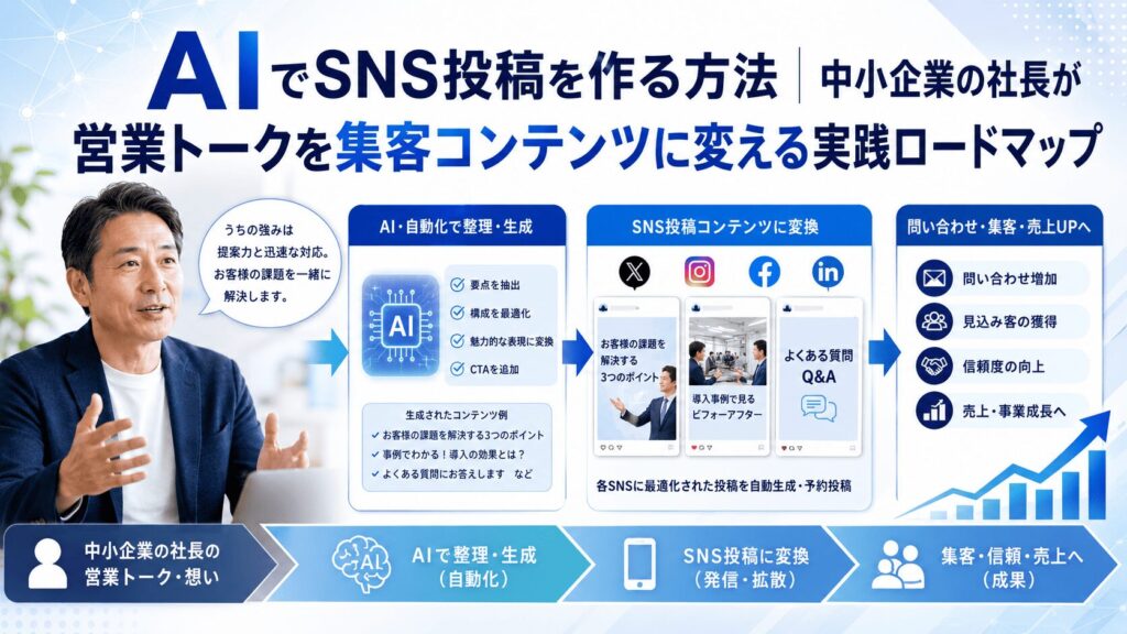 AIでSNS投稿を作る方法|中小企業の社長が営業トークを集客コンテンツに変える実践ロードマップ