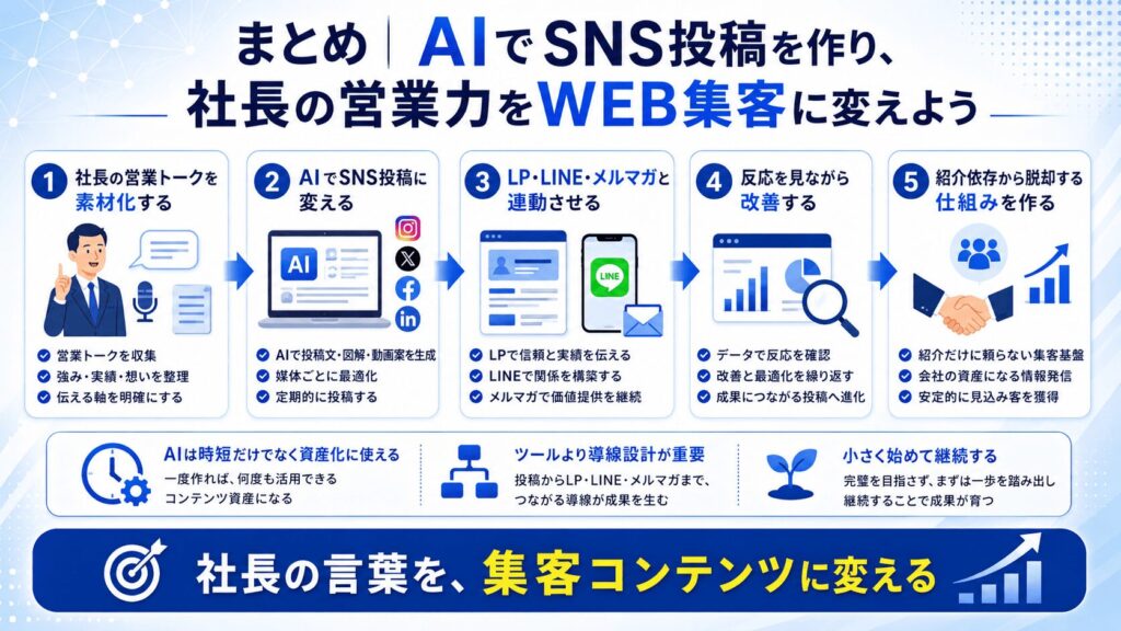 まとめ|AIでSNS投稿を作り、社長の営業力をWEB集客に変えよう