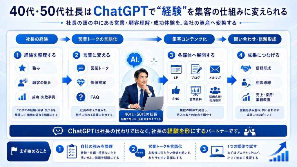 まとめ|40代・50代社長はChatGPTで“経験”を集客の仕組みに変えられる