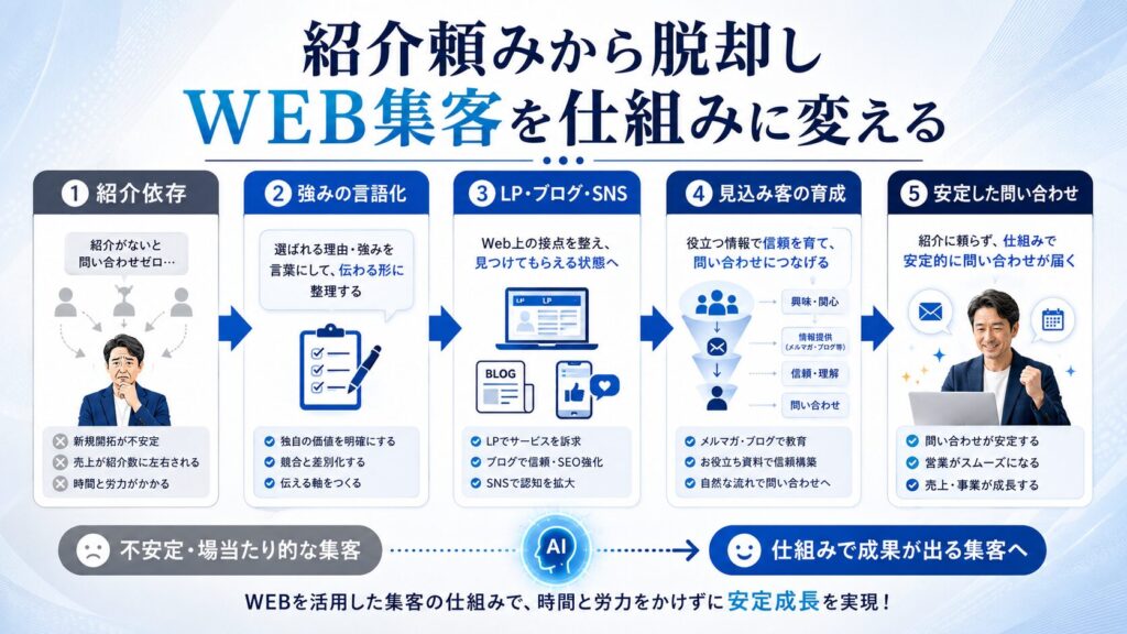 AI × 紹介依存からの脱却|社長営業をWEB集客の仕組みに変える