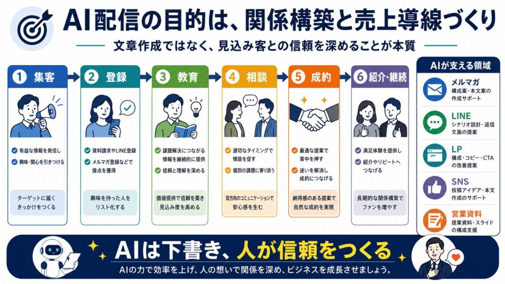 まとめ|AIでメルマガ・LINE配信を作る目的は、文章作成ではなく“売上につながる関係構築”である