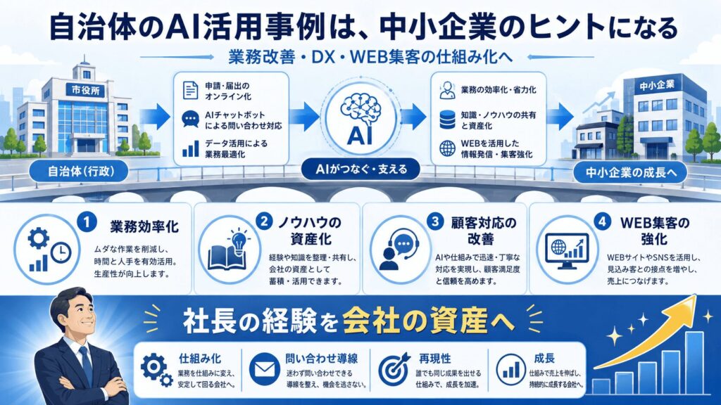 まとめ|自治体のAI活用事例は、中小企業の業務改善とWEB集客のヒントになる