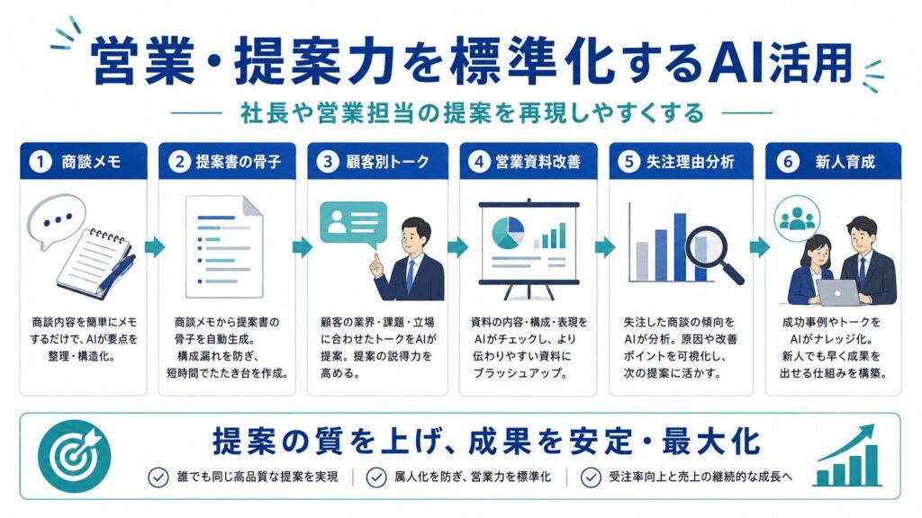 【営業・提案別】AI活用事例|社長や営業担当の提案力を標準化する