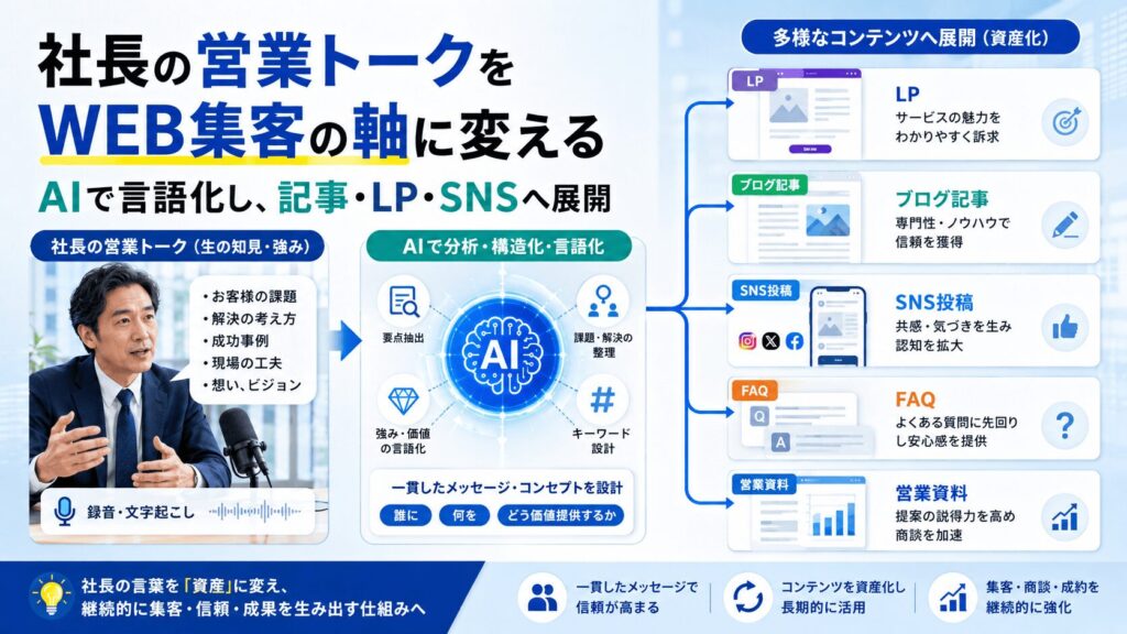 AI活用事例1|社長の営業トークを言語化し、WEB集客の軸を作る