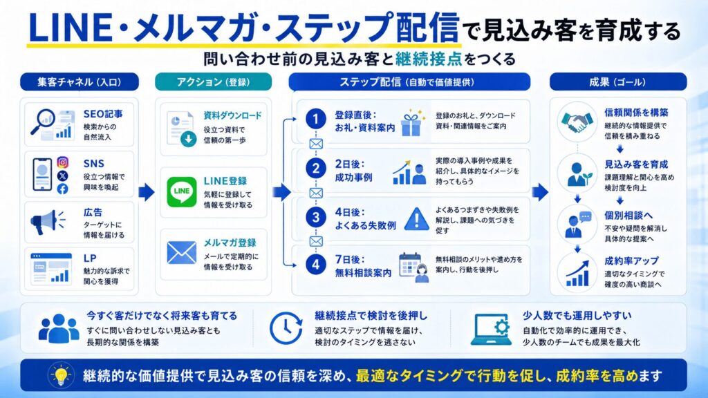 AI活用事例6|LINE・メルマガ・ステップ配信で見込み客を育成する